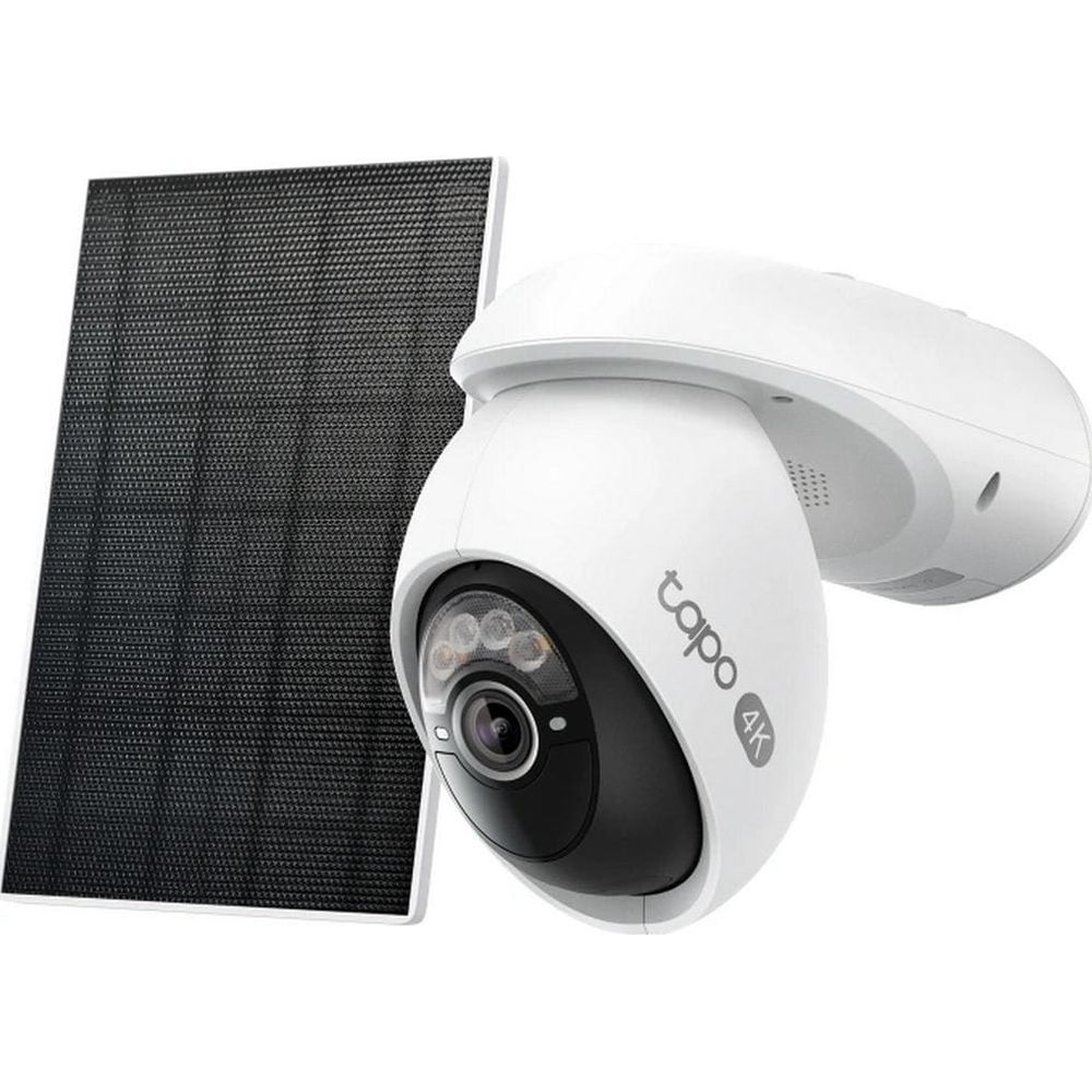 Una telecamera di sicurezza bianca con pannello solare. Il dispositivo ha un modulo lente nero.