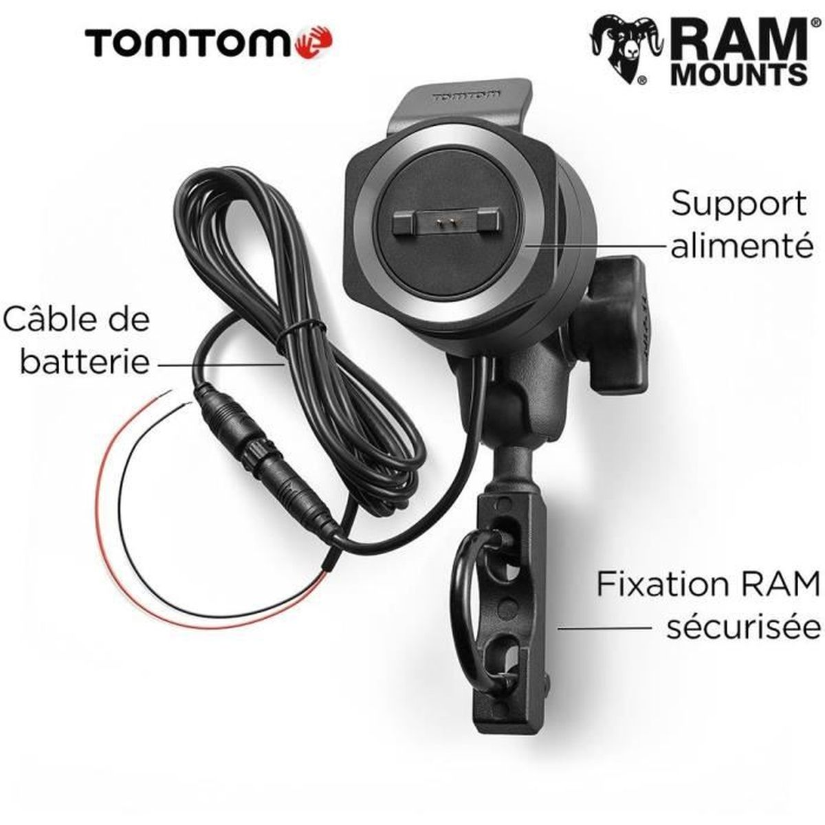 TomTom und RAM Mounts Logo. Ein Ladekabel und ein Halter mit Befestigung.