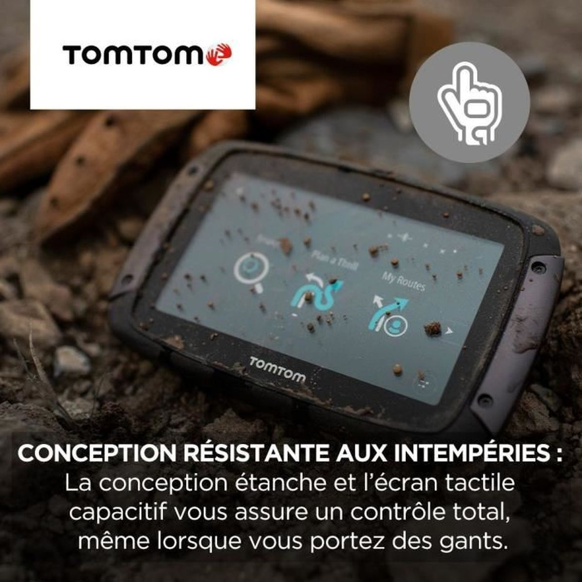 TomTom-Navigationsgerät mit Touchscreen, schmutzig, auf erdigen Hintergrund.