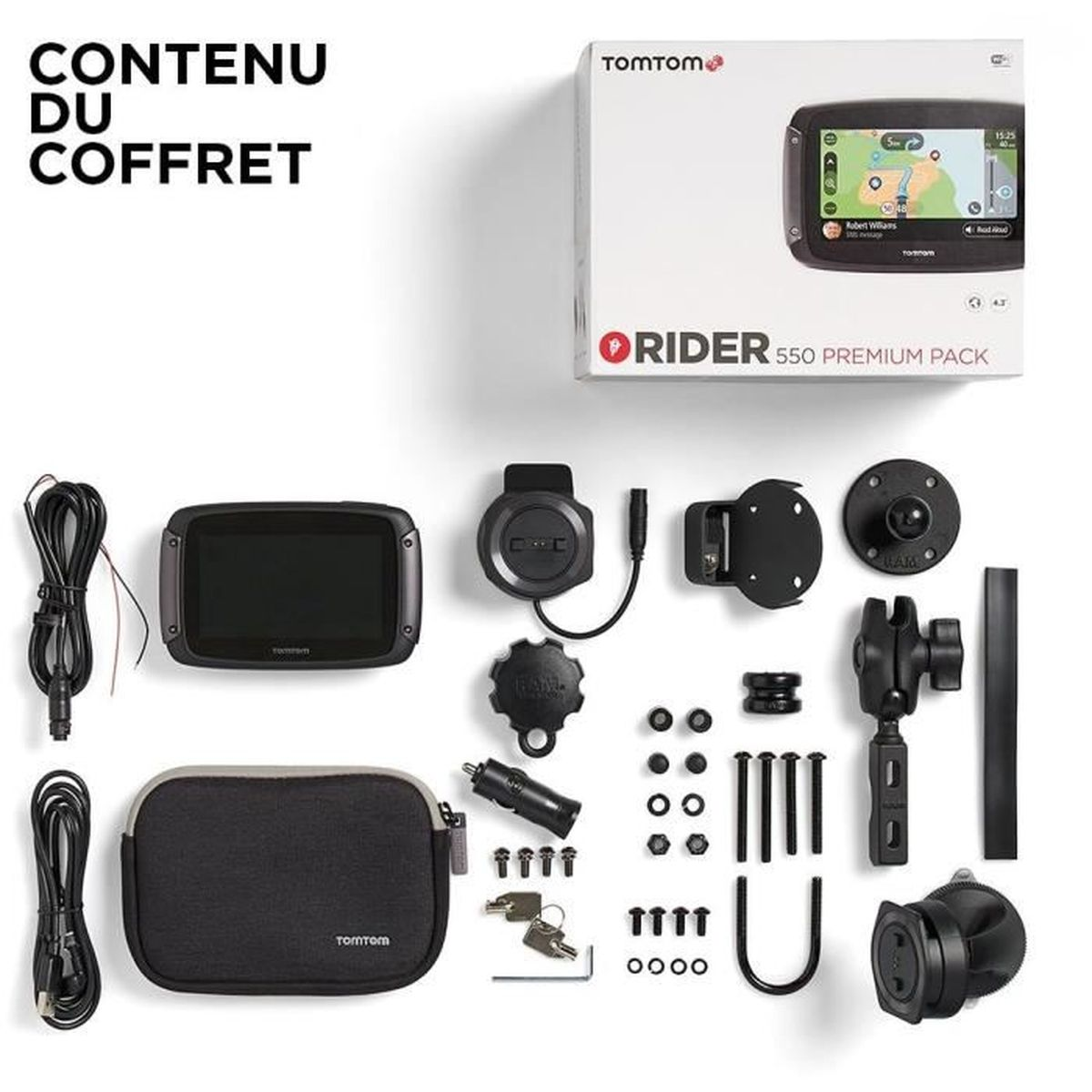 TomTom Rider 550 Premium Pack mit Zubehör: Navi, Tasche, Kabel, Halterungen.