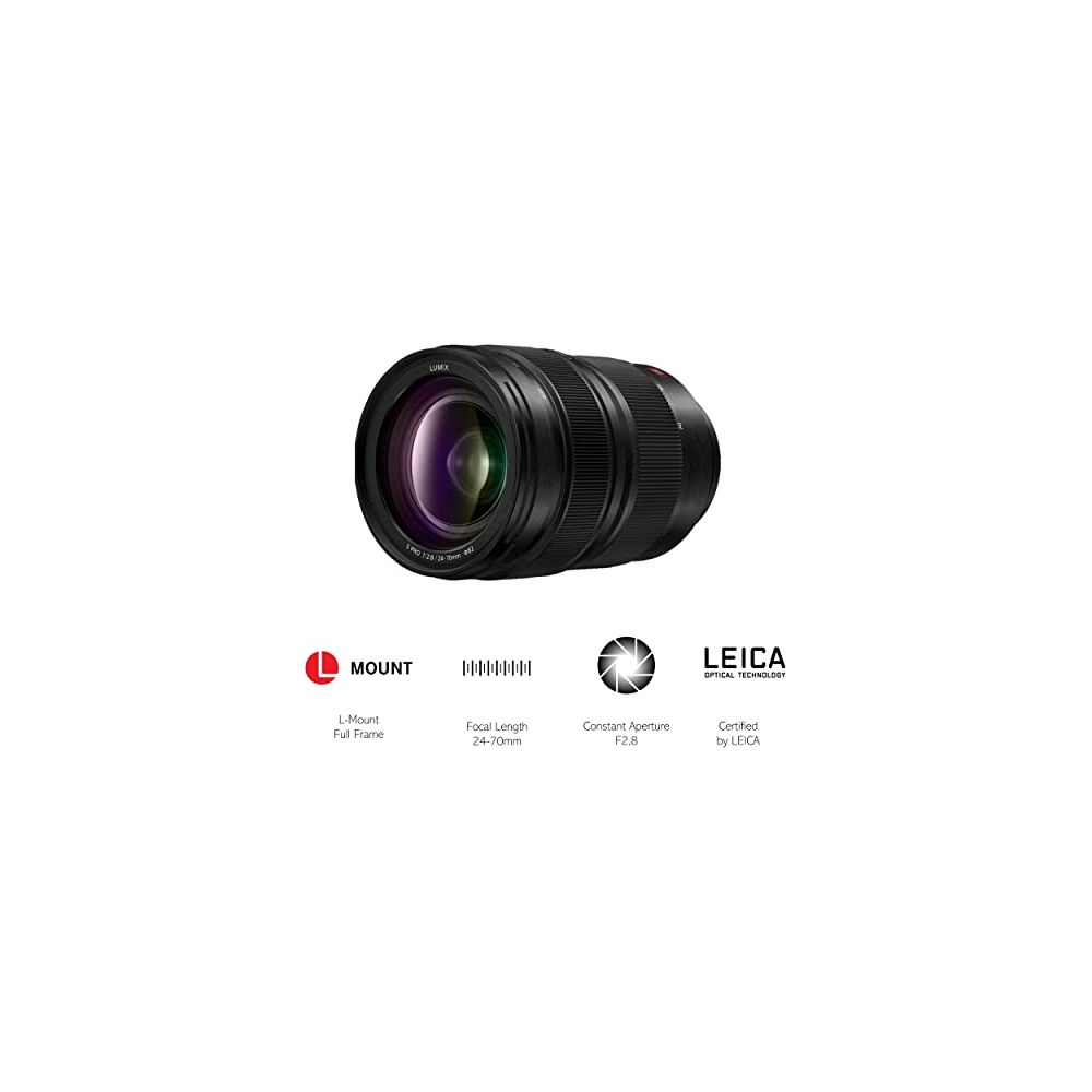 Ein schwarzes Lumix-Objektiv mit Leica-Technologie, L-Mount, 24-70mm, F2.8.