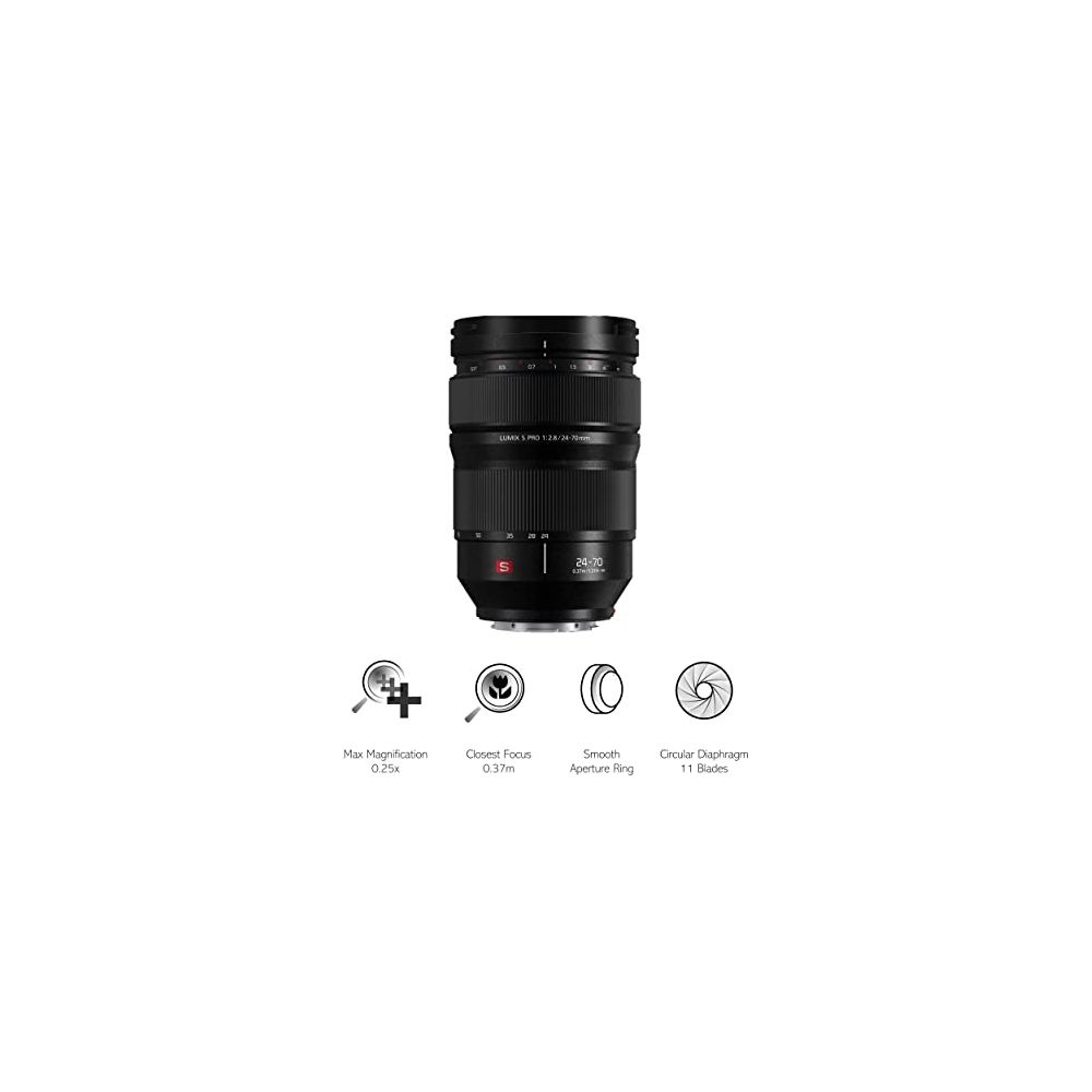 Schwarzes Lumix S 24-70mm f/2.8 Objektiv mit Symbolen für Vergrößerung, Fokus, Blendenring und Blende.