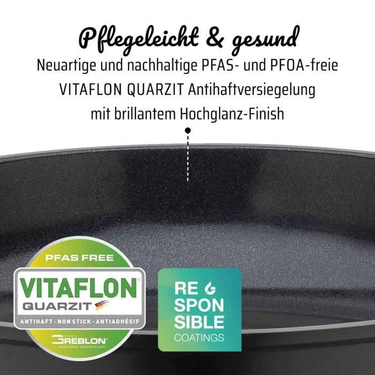Pfanne mit VITAFLON QUARZIT Antihaftversiegelung, PFAS-frei.