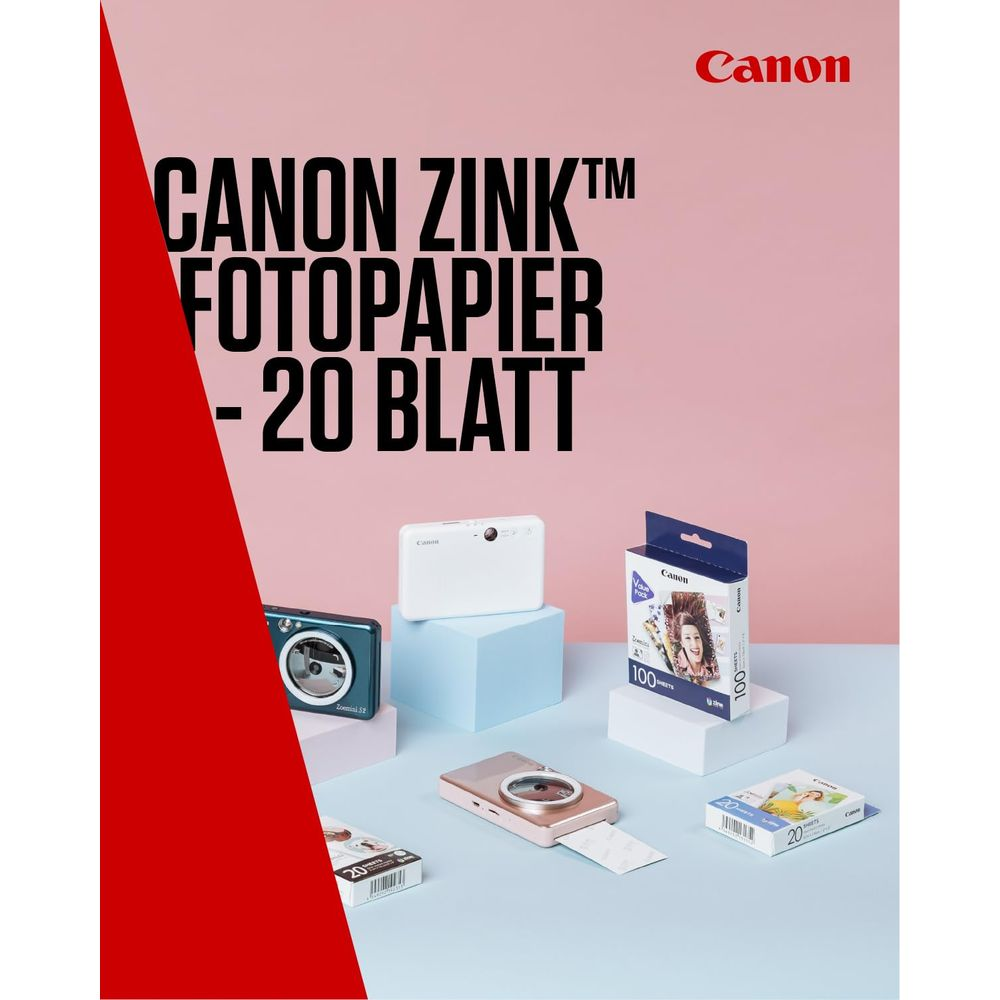 Canon Zink Fotopapier 20 Blatt mit Druckern und Verpackungen.