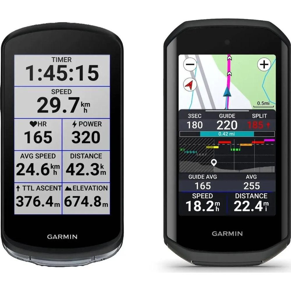 Yan yana iki Garmin bisiklet bilgisayarı. Soldaki zaman, hız, kalp atış hızı, güç ve mesafe gibi verileri gösterir.
