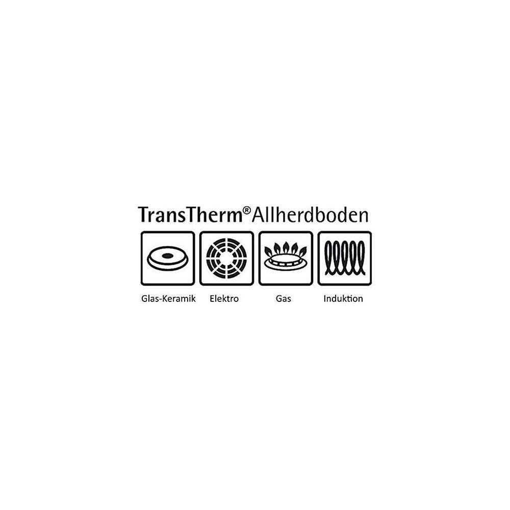 TransTherm Allherdboden mit Symbolen für Glas-Keramik, Elektro, Gas, Induktion.
