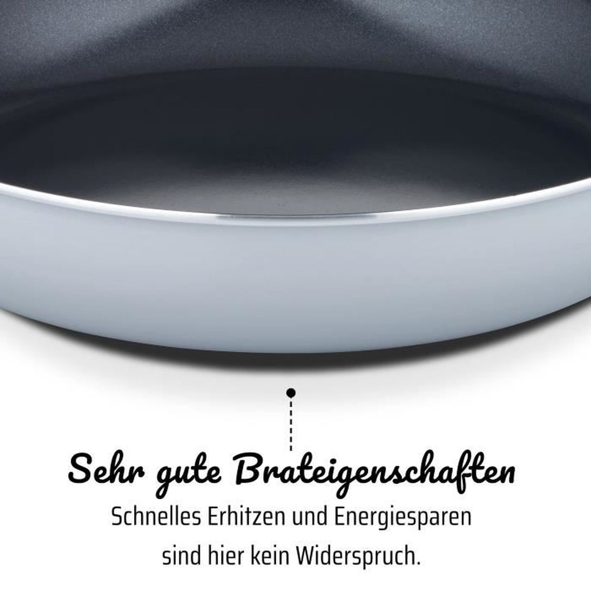 Graue Fritteuse mit Text: Sehr gute Brateigenschaften. Schnelles Erhitzen und Energiesparen.