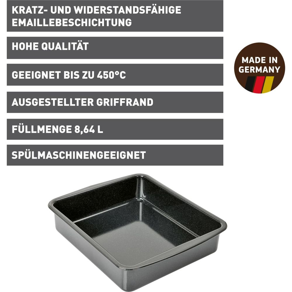 Schwarze Emaille-Backform mit Aufschriften: kratzfest, hohe Qualität, bis 450°C.