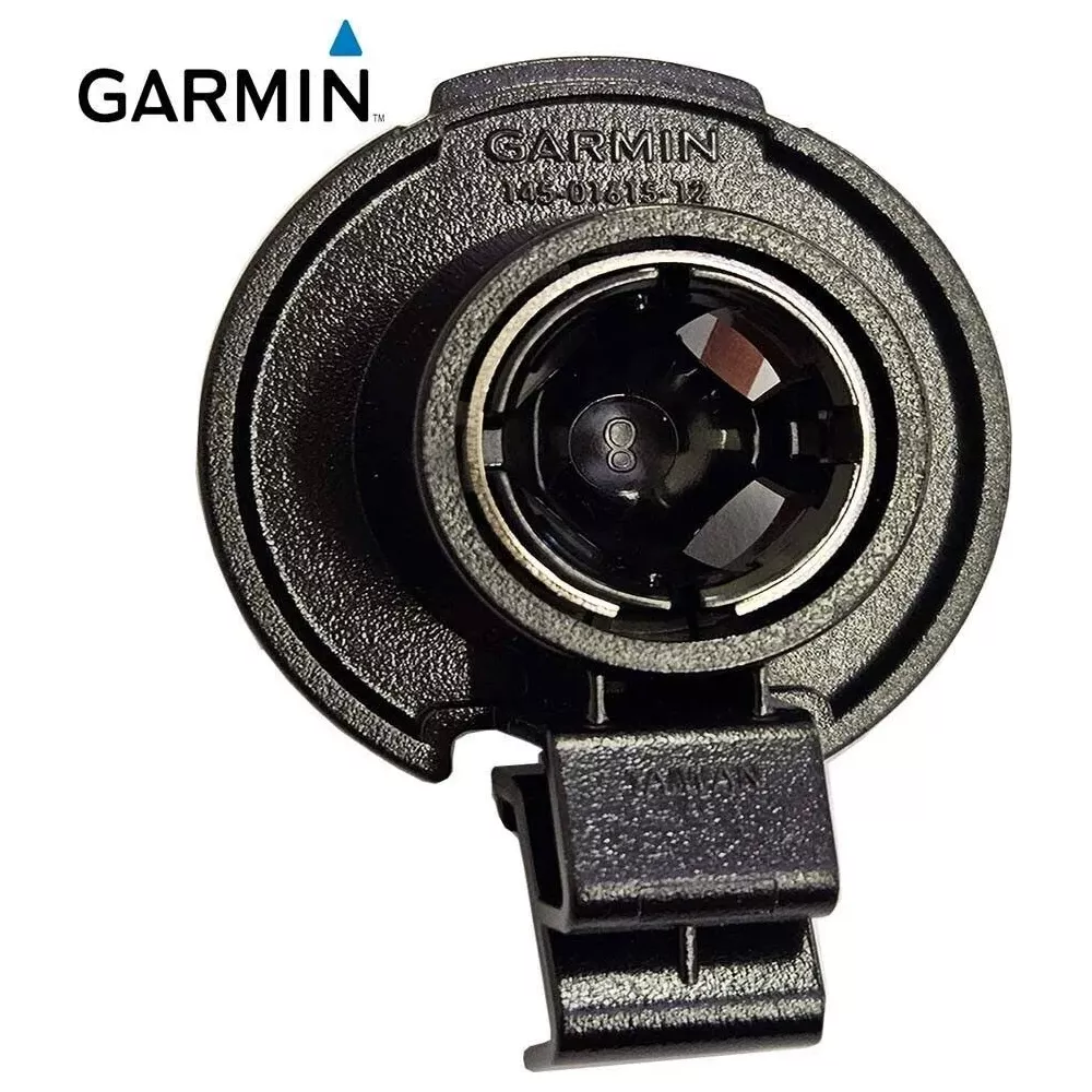 Czarny uchwyt rowerowy Garmin z srebrnym pierścieniem i symbolem 8.