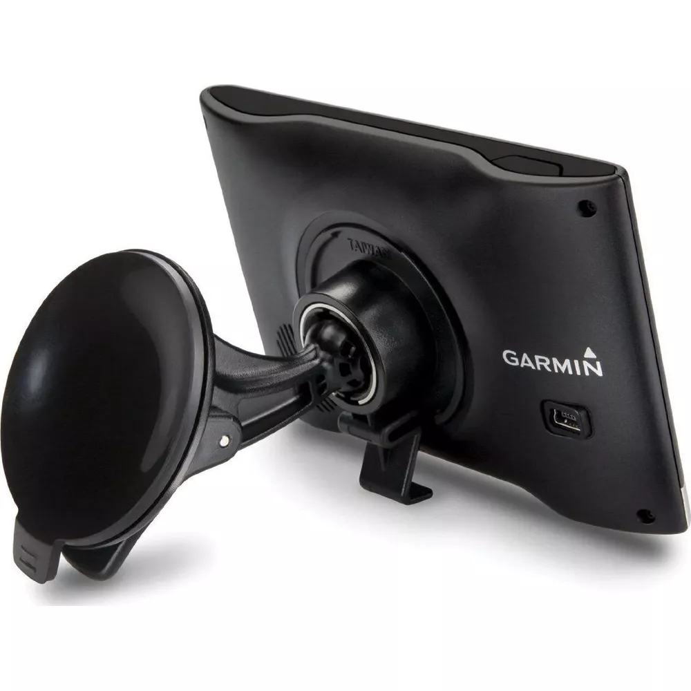 Czarny ekran nawigacji Garmin z uchwytem na przyssawkę, widok z tyłu.