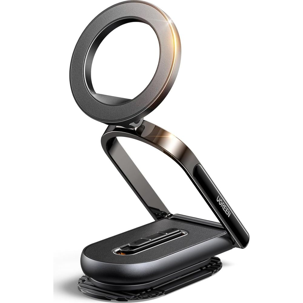 Czarny, składany uchwyt na telefon z pierścieniem i regulowanym ramieniem.