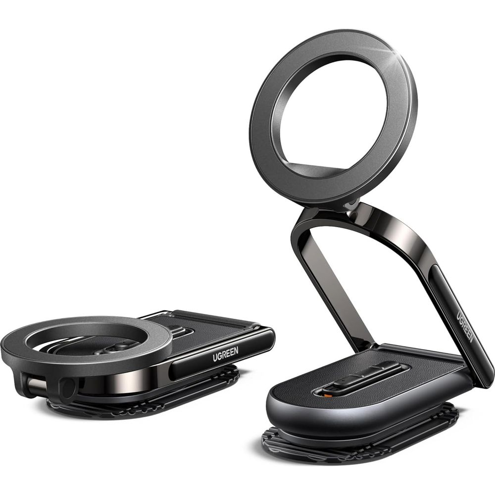 Dwa składane szare uchwyty na telefon pokazane w różnych pozycjach.