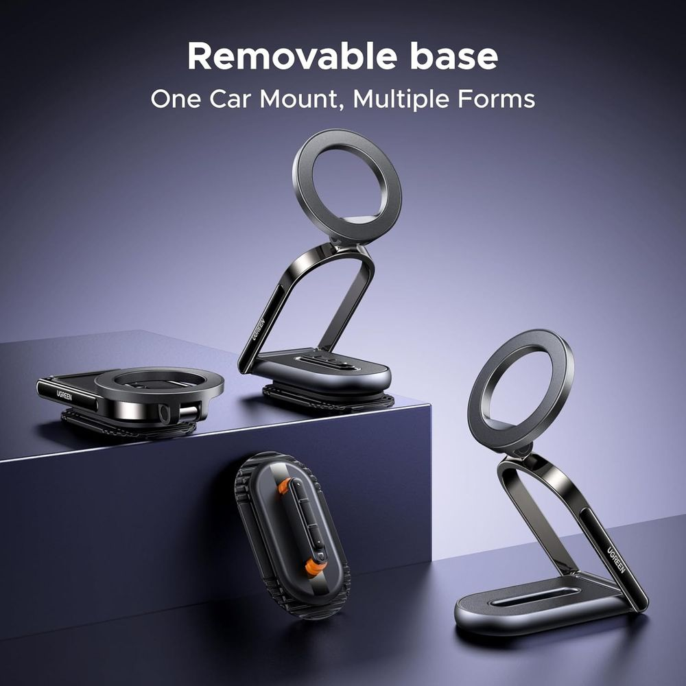 Trzy czarne uchwyty na telefon w różnych formach na ciemnym tle.