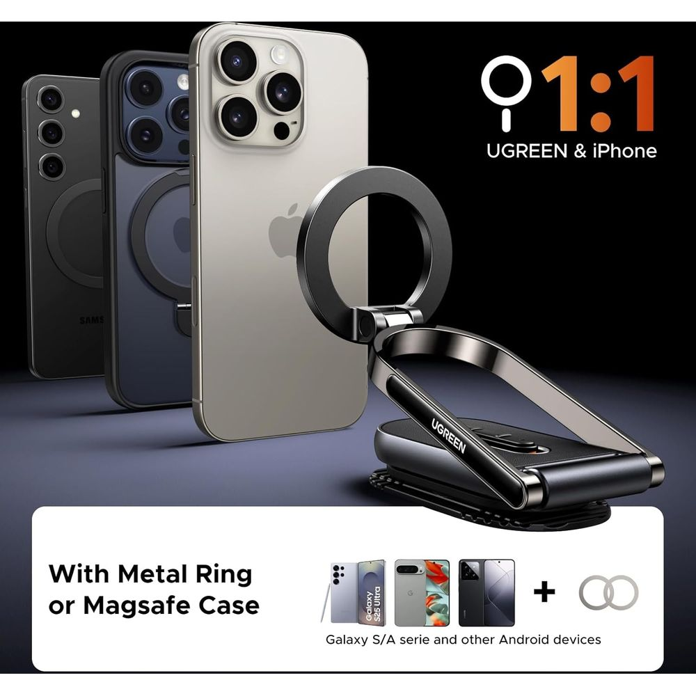 Trzy smartfony, jeden z uchwytem pierścieniowym, obok stojaka UGREEN.