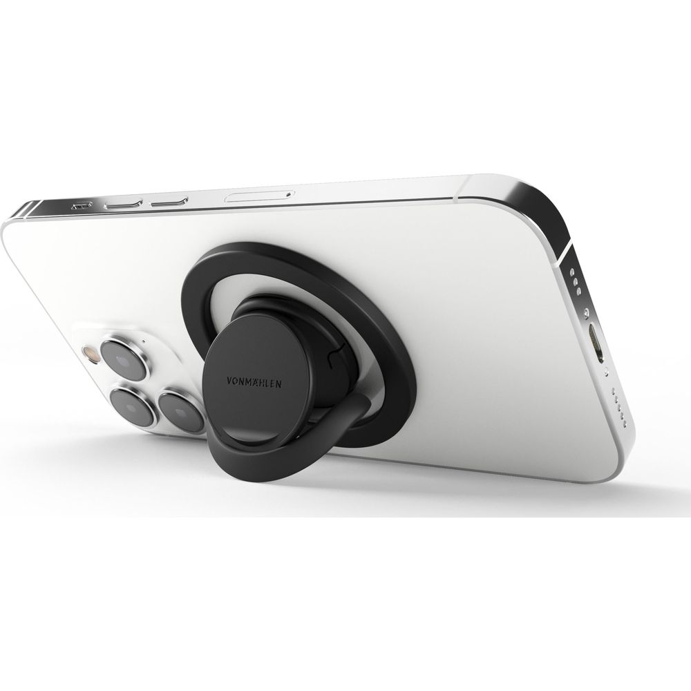 Ein weißes iPhone mit einem schwarzen Handy-Ringhalter auf der Rückseite.
