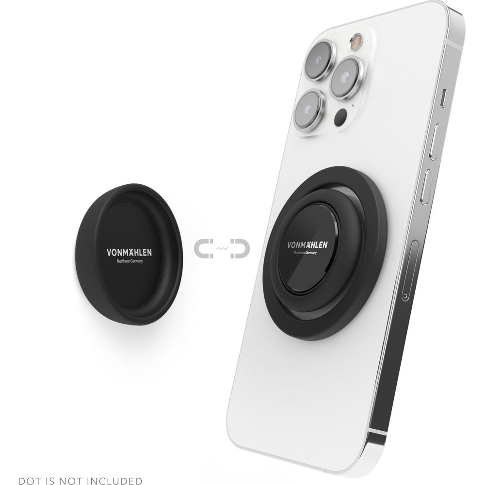 Ein schwarzer Handygriff mit Logo auf einem weißen Handy.