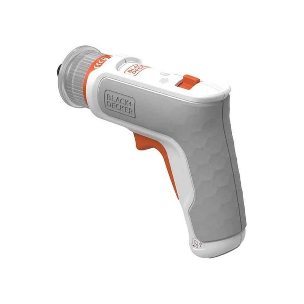 Ein graues und orangefarbenes Elektrowerkzeug von Black & Decker mit weißem Griff.
