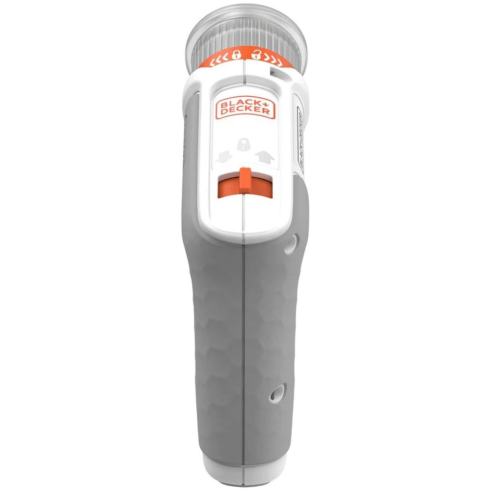 Ein grauer und weißer Black+Decker Schraubendreher mit orangem Schalter.