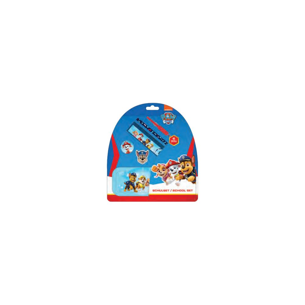 Un set scolaire Pat' Patrouille avec règle, planche d'autocollants et trousse.