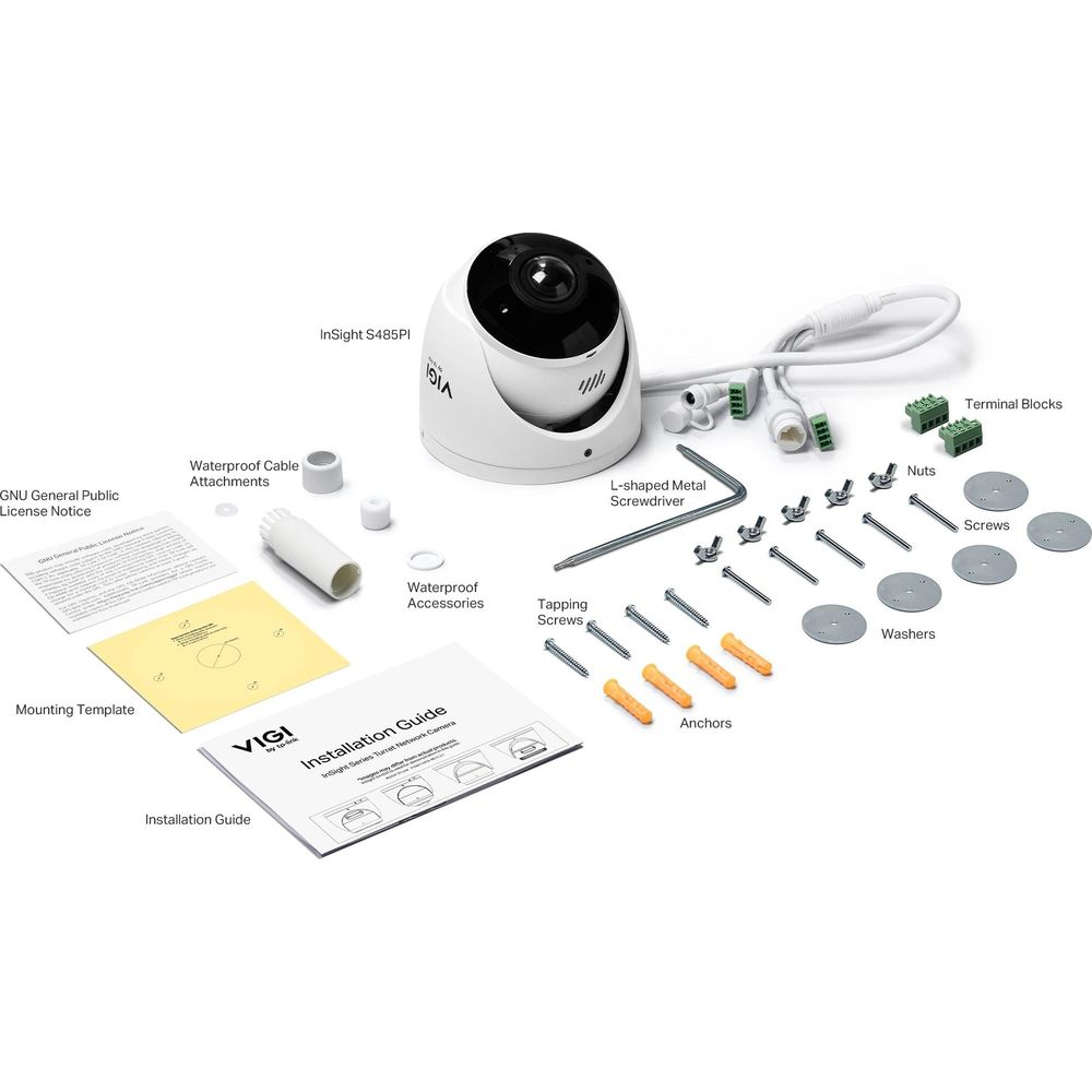 Kamera bezpieczeństwa VIGI i akcesoria: kamera, kable, śruby, kołki, narzędzie i instrukcja.
