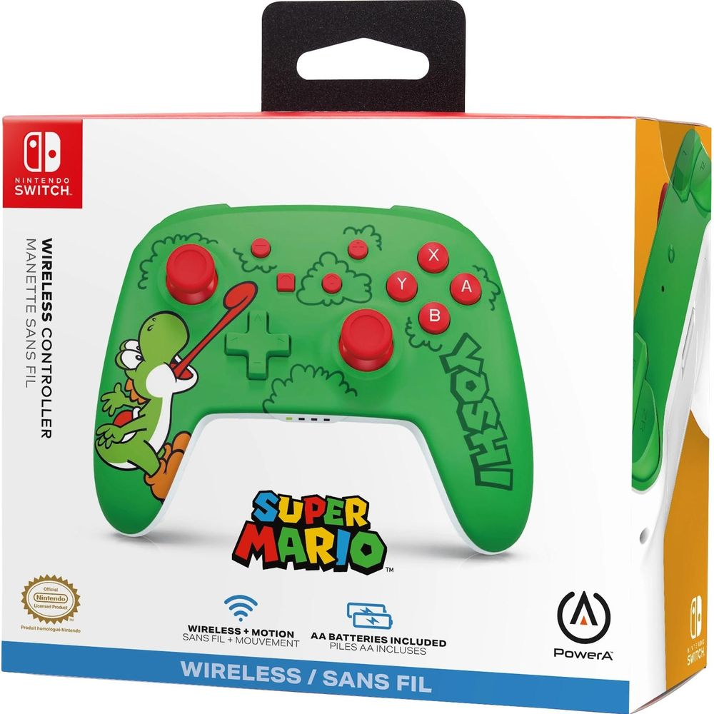 Scatola controller verde Nintendo Switch con design Yoshi e logo Super Mario.