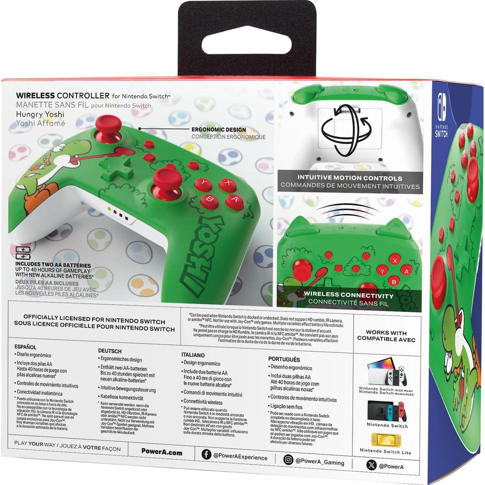 Controller verde Nintendo Switch a tema Yoshi, batterie AA, controlli intuitivi.
