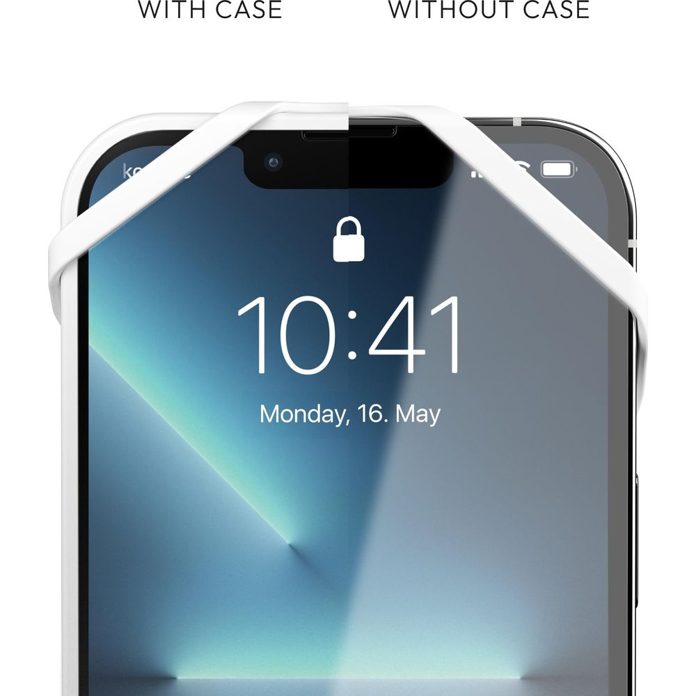 Ein Smartphone mit und ohne Hülle im Vergleich. Zeigt die Sperrbildschirmzeit 10:41.