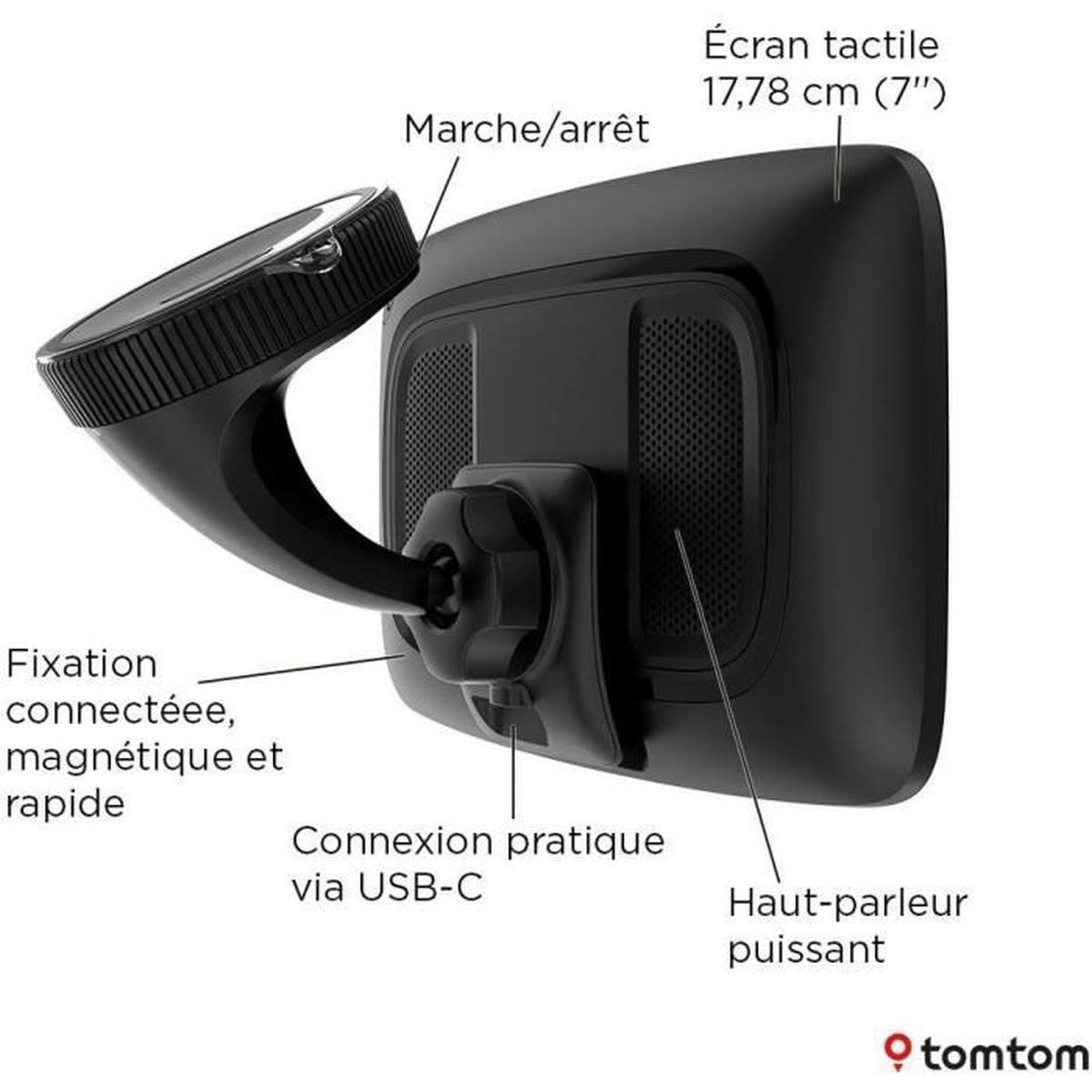 Czarne urządzenie nawigacyjne z 7-calowym ekranem dotykowym, magnetycznym mocowaniem i USB-C.