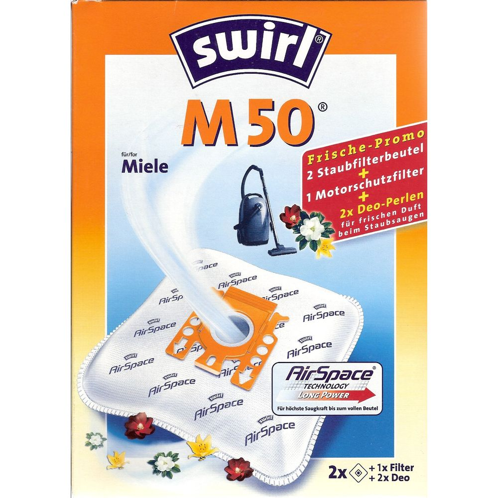 Packung Swirl M50 Staubsaugerbeutel für Miele mit Zubehör.