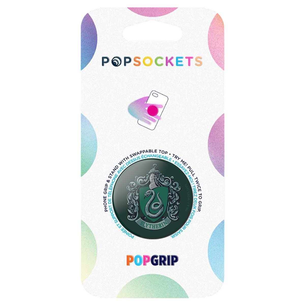 Embalaje de Popsocket con logo de Slytherin e imagen del producto.
