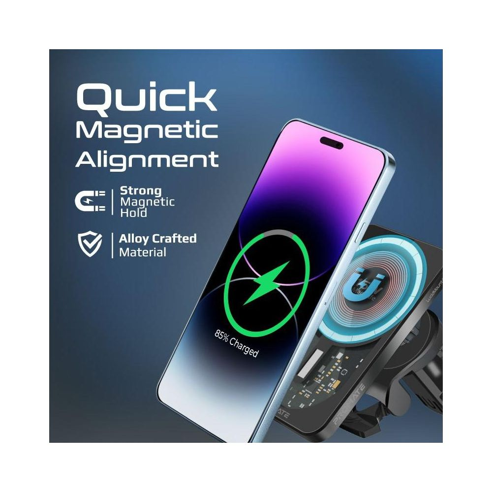 Un smartphone se alinea magnéticamente a un soporte de carga, 85% cargado.