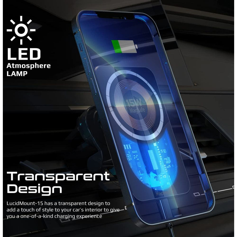 Un cargador de teléfono transparente con luz LED y pantalla MagSafe en un coche.