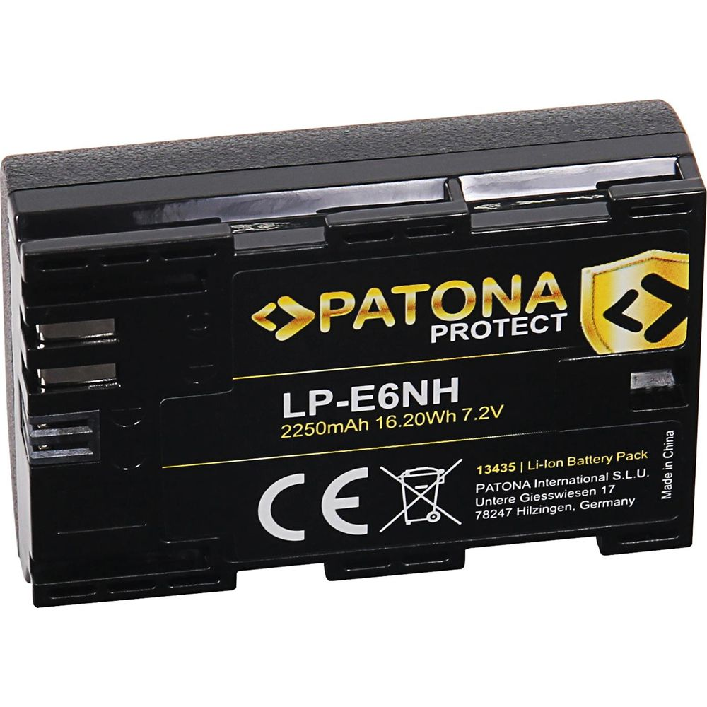 Batteria nera con logo PATONA, modello LP-E6NH, 2250mAh, 16.20Wh, 7.2V.