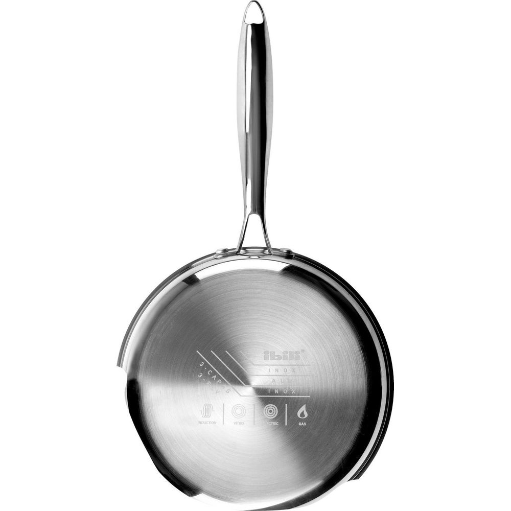 Patelnia ze stali nierdzewnej z długim uchwytem. Dół pokazuje logo i typy ciepła.