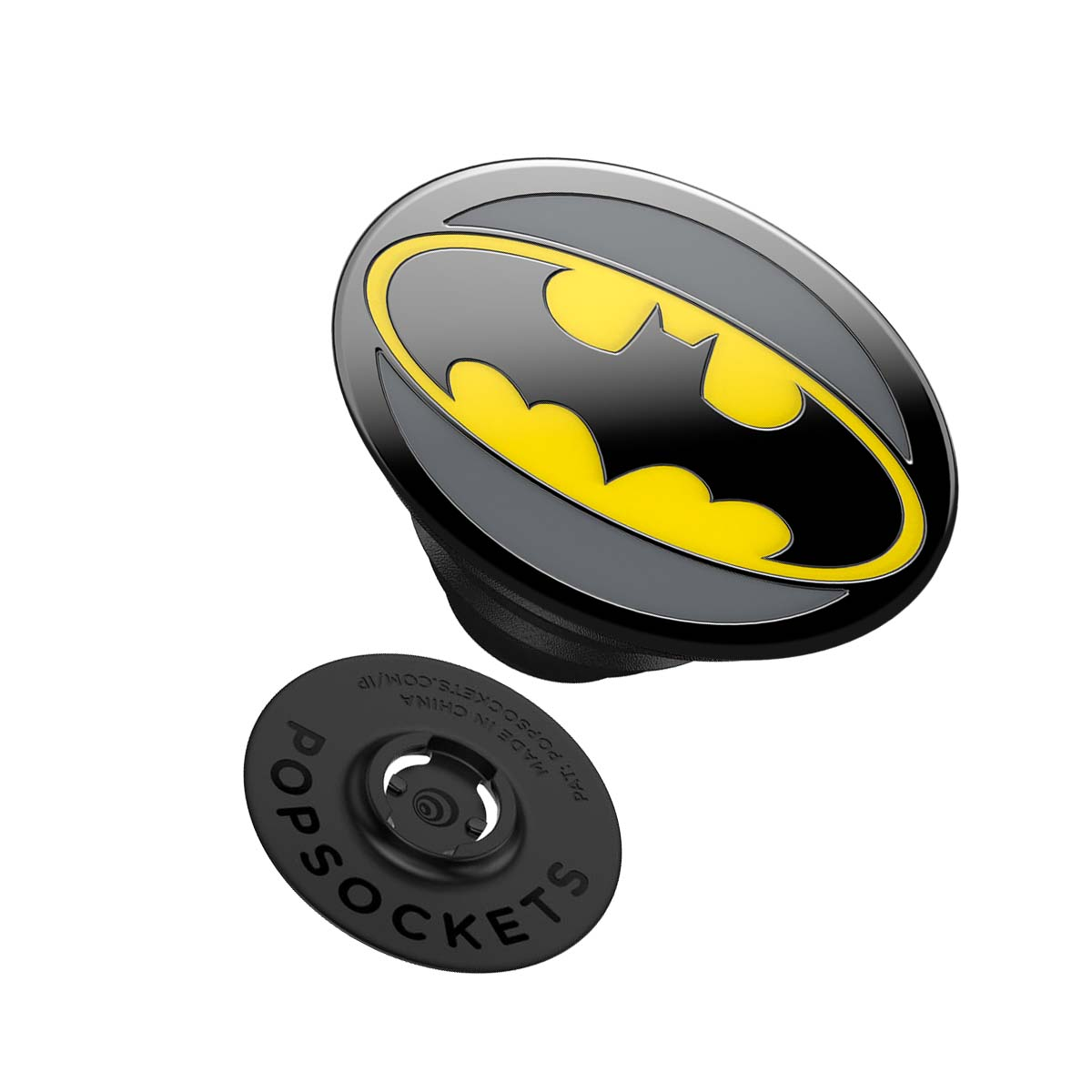 Un logo de Batman con borde amarillo sobre un agarre negro, junto a una base negra.