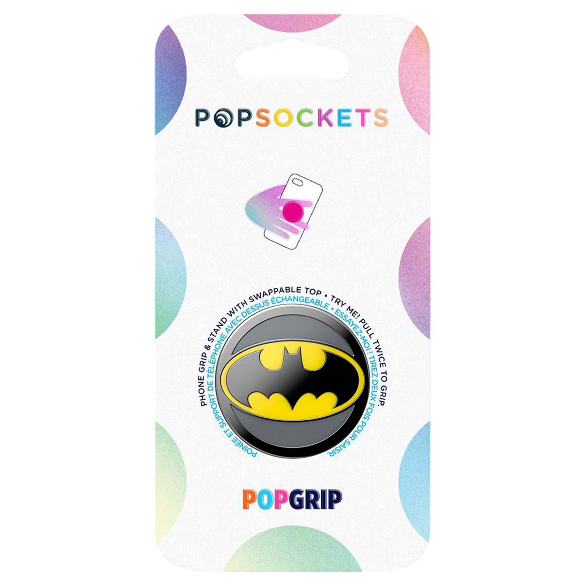 Empuñadura PopSockets con logo de Batman negro y amarillo en empaque blanco.