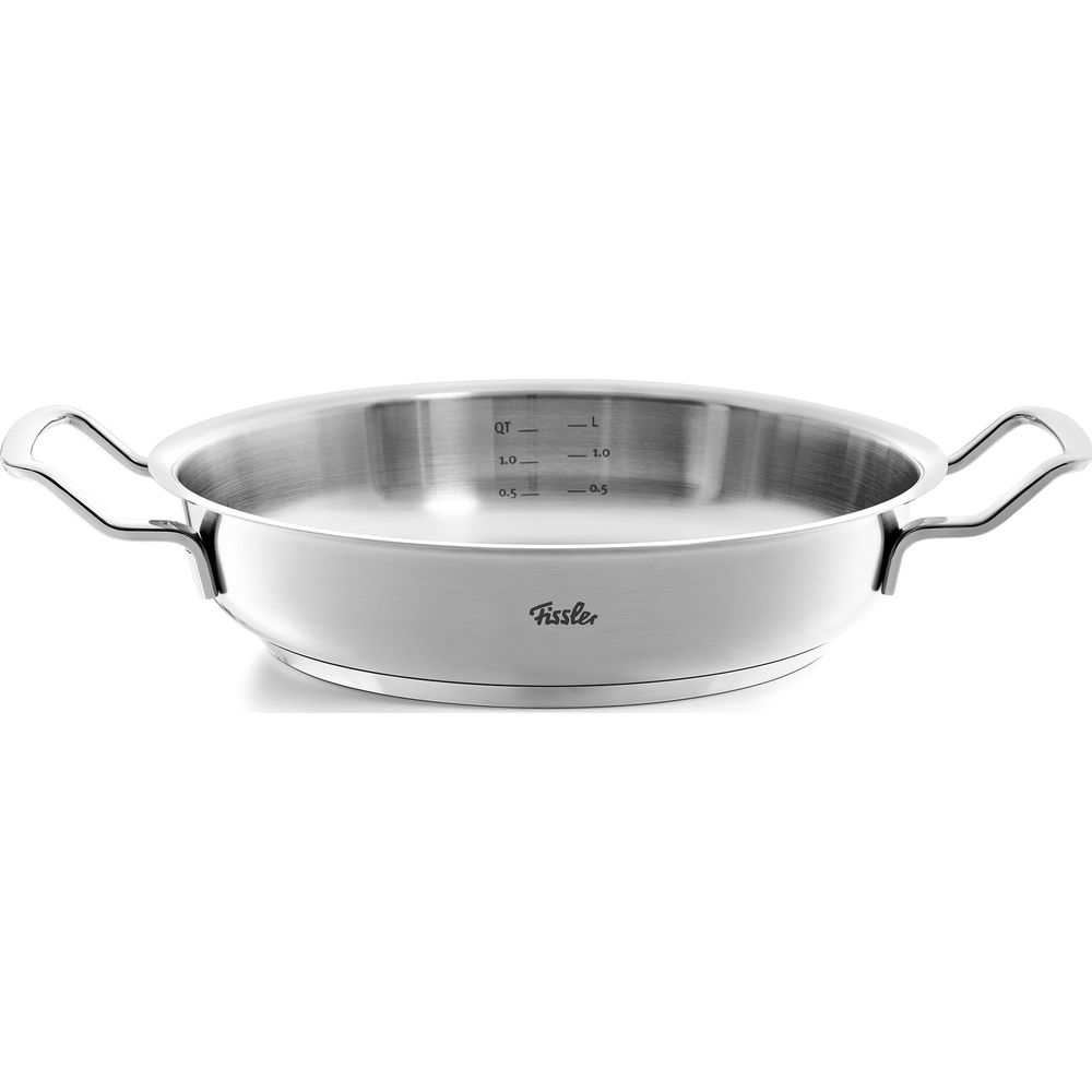 Pentola in acciaio inox con tacche di misurazione in quarti e litri, due manici.