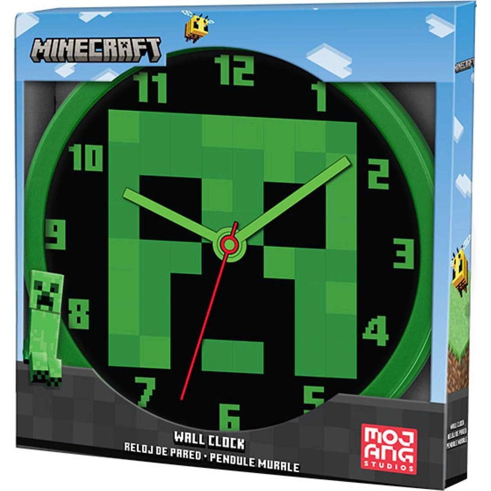 Minecraft Wanduhr mit Creeper-Gesicht und Zahlen 1-12.