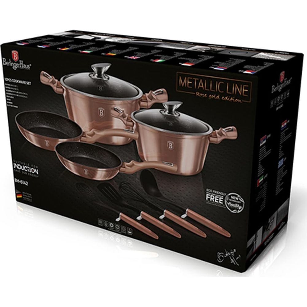 Juego de utensilios de cocina Berlinger Haus en oro rosa: ollas, sartenes y utensilios en caja negra.