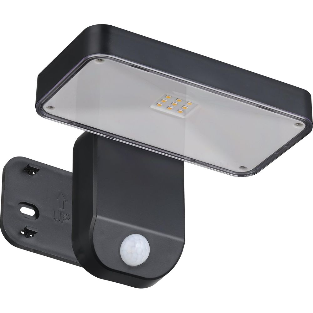 Dunkles LED-Panel mit Bewegungssensor und Halterung, auf weißem Hintergrund.