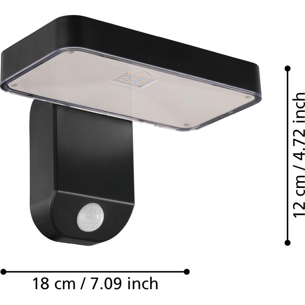 Schwarze Wandleuchte mit Bewegungsmelder und LED-Panel, 18x12cm.