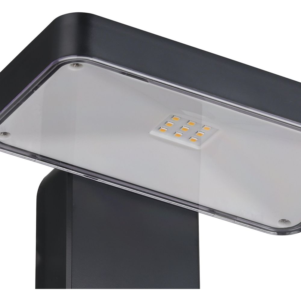 Moderner schwarzer LED-Außenstrahler mit sichtbaren LEDs unter einer klaren Abdeckung.