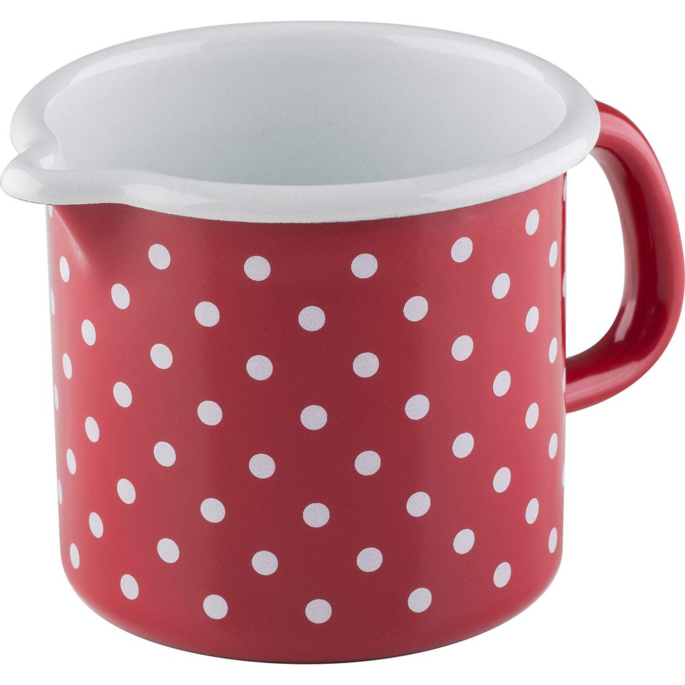 Pichet émaillé rouge à pois blancs et une anse.