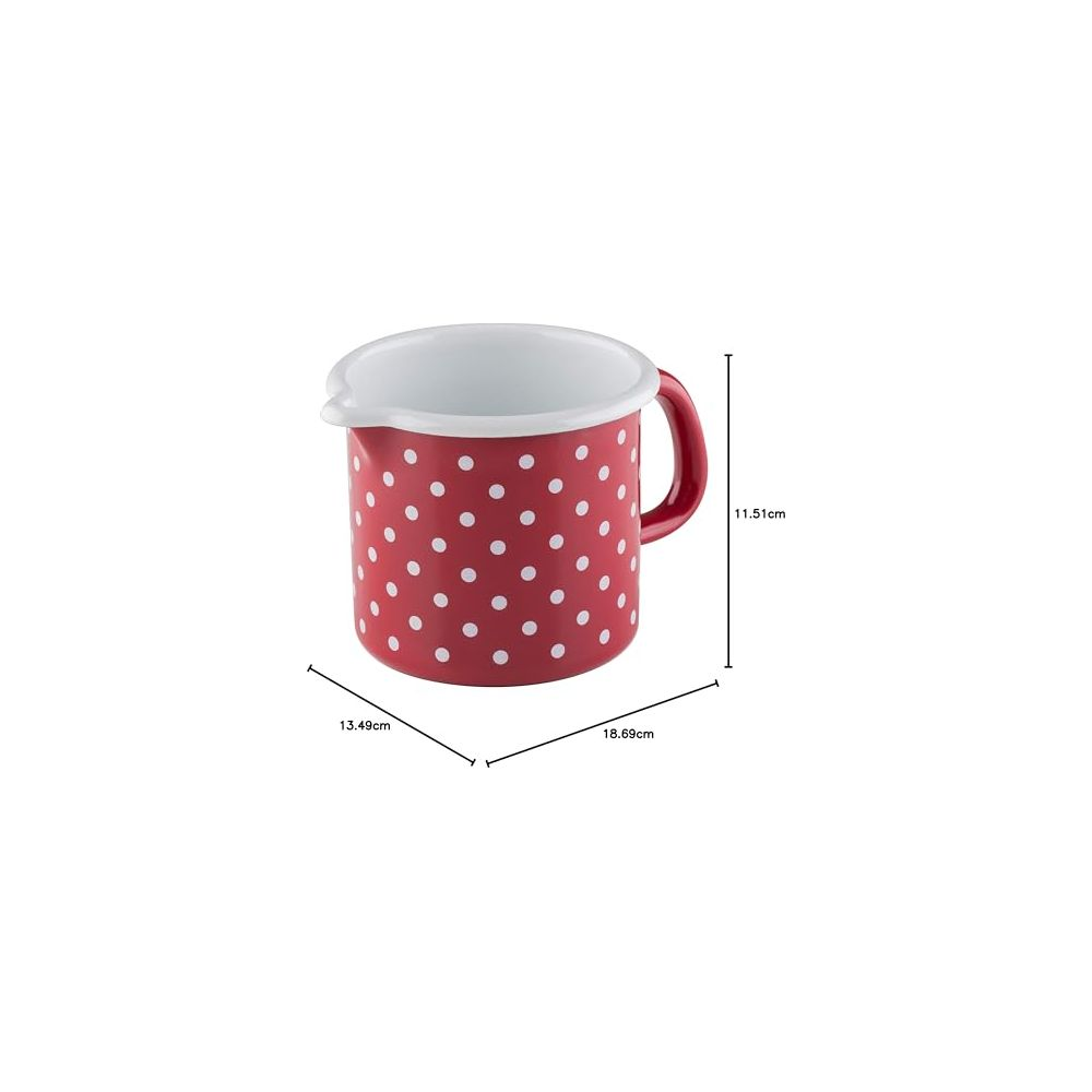Pichet émaillé rouge à pois blancs, avec anse et bec verseur.