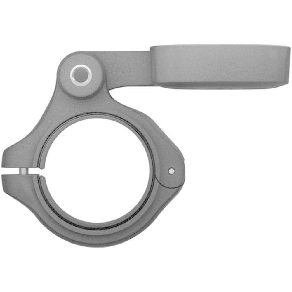 Grauer Fahrradhalter zur Lenkerbefestigung mit Klemmmechanismus.