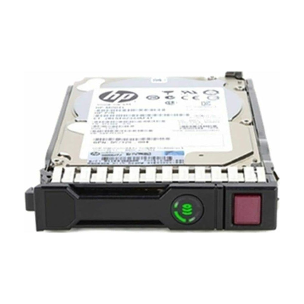 Hard disk HP con LED verde e pulsante rosso su sfondo bianco.