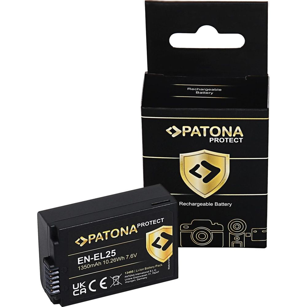 Batteria nera EN-EL25 e la sua confezione con logo PATONA.
