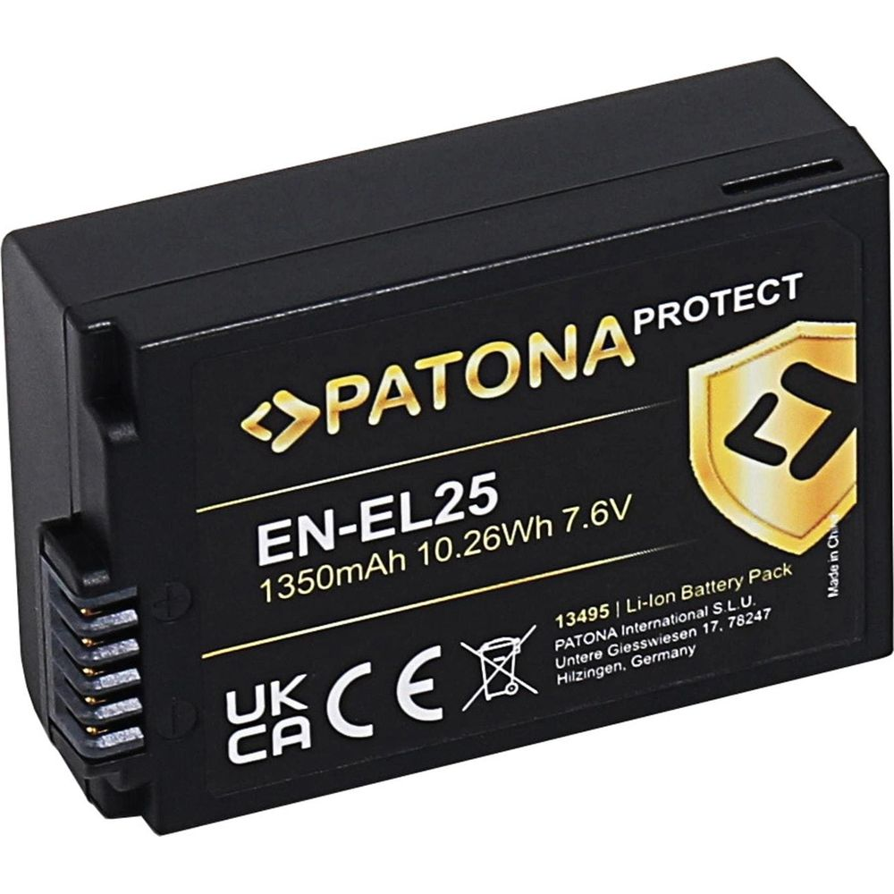 Batteria nera con logo dorato, modello EN-EL25, 7.6V, 1350mAh.