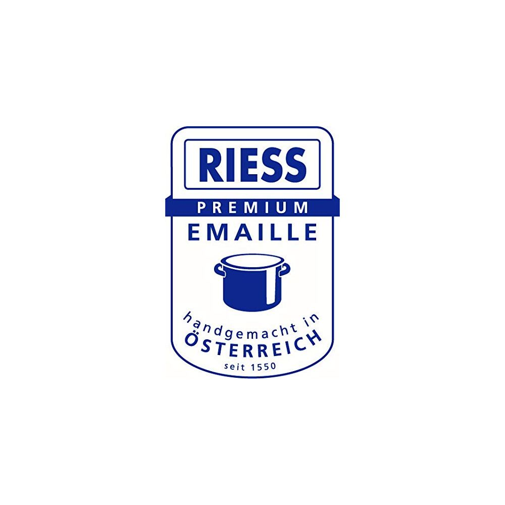 Logo Riess Premium Emaille avec pot et texte "fait main en Autriche".