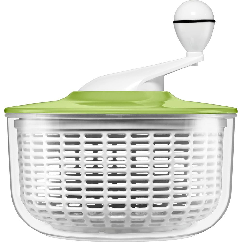 Grüner Salatspinner mit transparentem Behälter und weißem Griff.